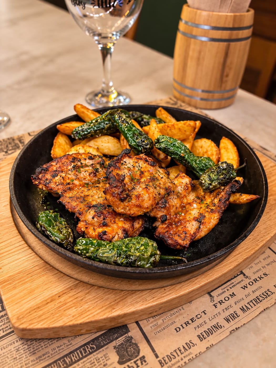 Pollo a la brasa con patatas y pimientos de padrón